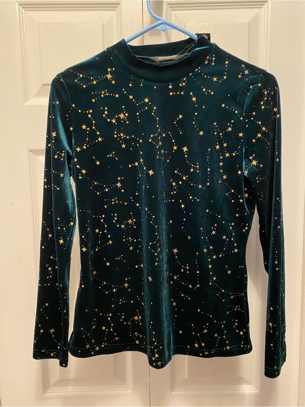Allegra K NWT Emerald Green Velvet Gold Celestial Star Mock Neck Top Small